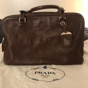 Prada Brown Leather Logo Embossed Satchel